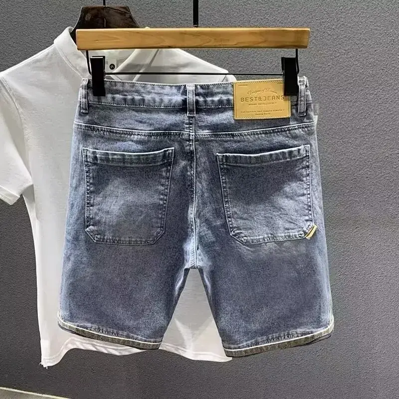 Trendy High-end Denim Shorts Men's Mid-waist Five-piece Jeans 2024 Summer Thin Luxury Style Spliced Fashionable Male Bottoms