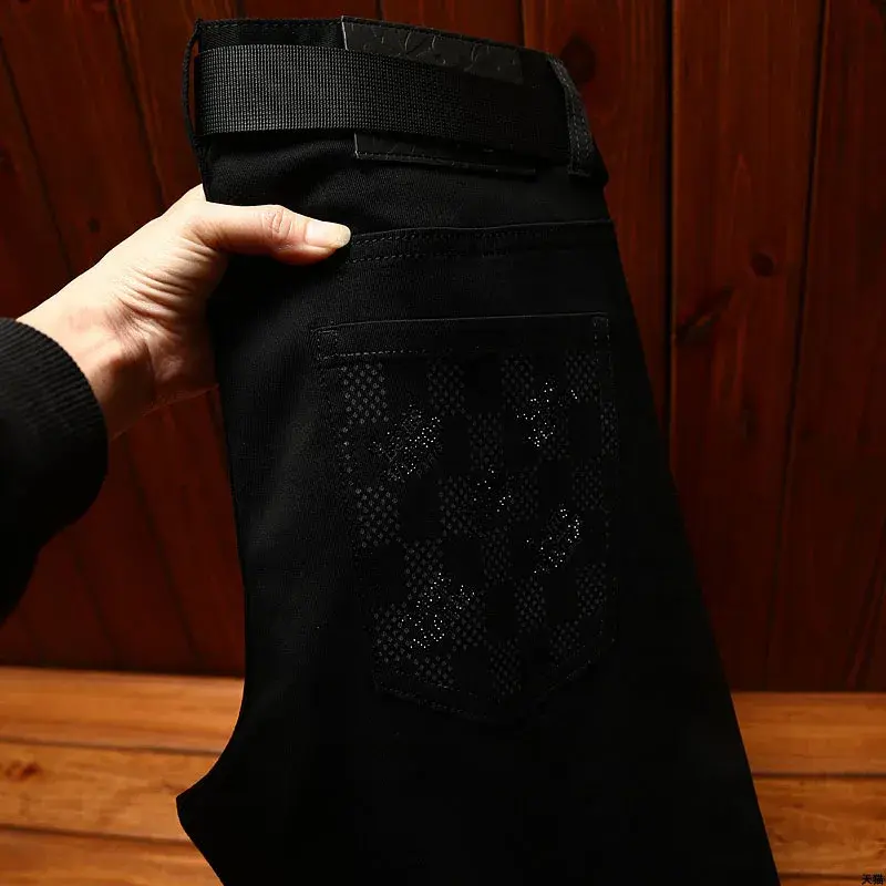 Luxury Slim Fit Jeans For Men Lightweight Summer Thin Style Casual Trendy Black Trousers With Small Footprint Printing