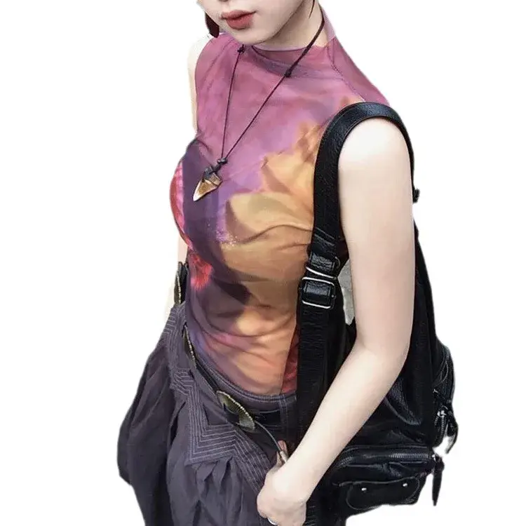 Cross-Border Factory Outlet Women's Tank Top Half Polo/Turtle Neck Printed Mesh Fabric Sleeveless Top For Summer