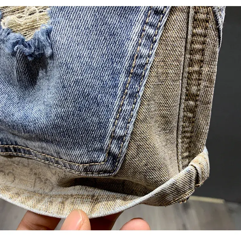 Trendy High-end Denim Shorts Men's Mid-waist Five-piece Jeans 2024 Summer Thin Luxury Style Spliced Fashionable Male Bottoms