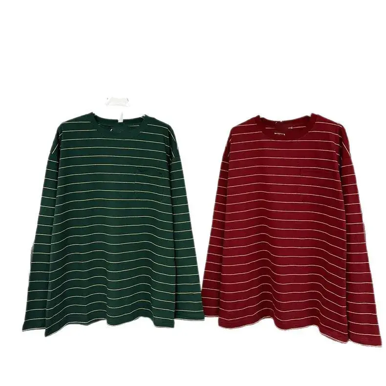 Ladies Long Sleeve Crew Neck T-Shirt Spring New Style Embroidered Stripes Fashionable Commuting 031710 Polyester Fiber