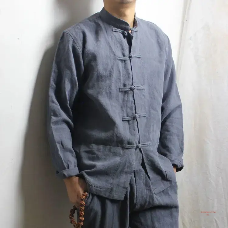 Spring Autumn Men's Linen Shirt Jacket Chinese Style Vintage Large Coat Western Wear Casual Clothing For Men