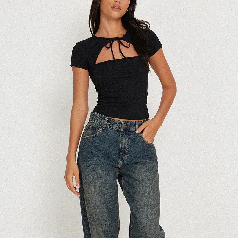 2024 New Street Fashion Cropped Top Women's Solid Color Hollow Strap T-Shirt Cross-Border E-commerce Women's Clothing Wish