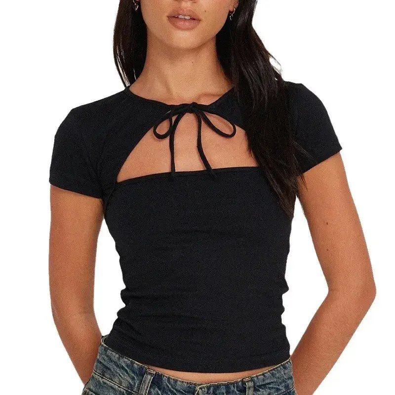 2024 New Street Fashion Cropped Top Women's Solid Color Hollow Strap T-Shirt Cross-Border E-commerce Women's Clothing Wish