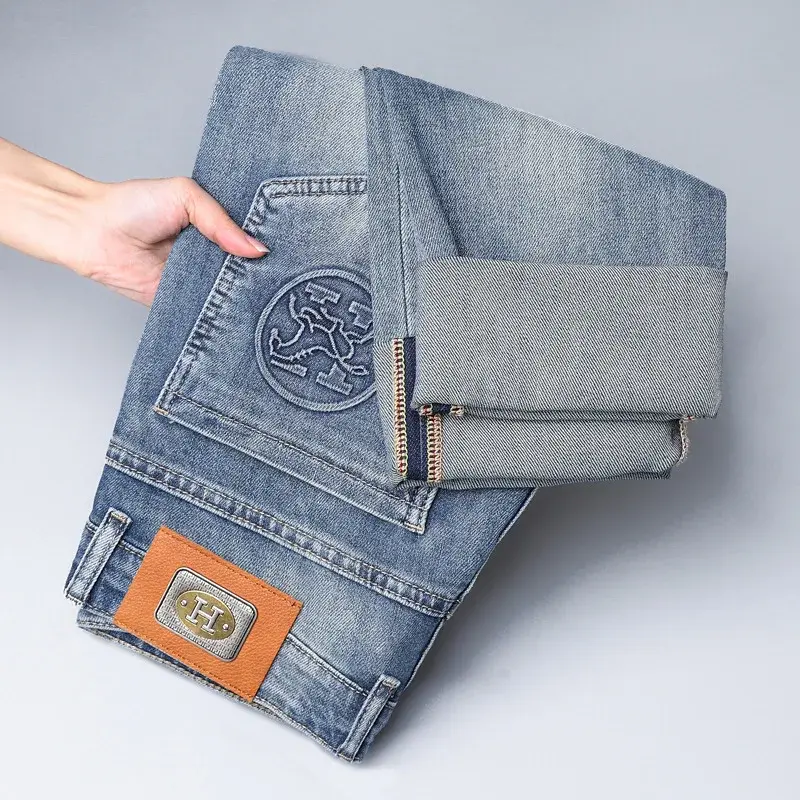 2024 Men's Fashionable Simple Stretch Slim Fit Denim Trousers European Style High Quality Casual Export Men Pants