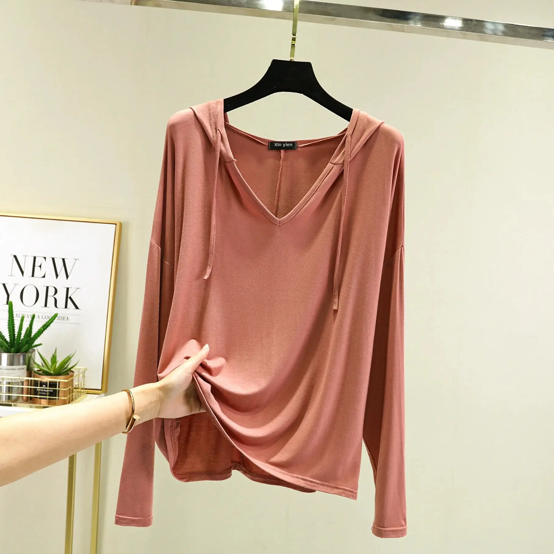 Modal Spring Summer Thin Hooded Sweatshirt Plus Size Base Layer Top Outer Wear T-Shirt Loose Fit Sun Protection Home Air Conditi