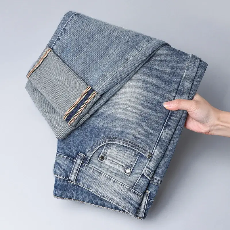 2024 Men's Fashionable Simple Stretch Slim Fit Denim Trousers European Style High Quality Casual Export Men Pants
