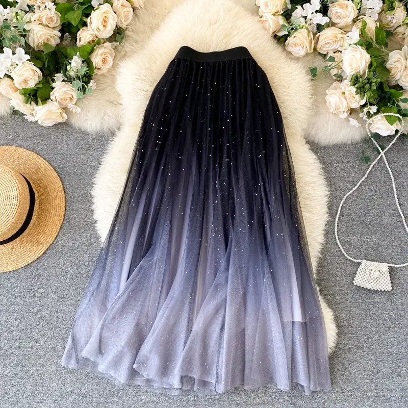 Starry Sky Gradient Color Mesh Half Skirt Women's High Waist A- Line Pleated Bright Sequin Skirt Spring Summer New Korean Style