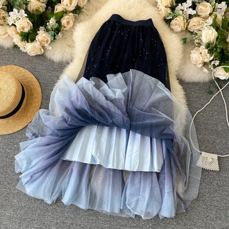 Starry Sky Gradient Color Mesh Half Skirt Women's High Waist A- Line Pleated Bright Sequin Skirt Spring Summer New Korean Style