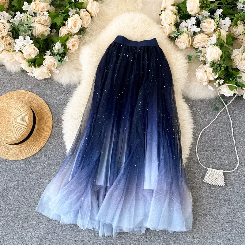 Starry Sky Gradient Color Mesh Half Skirt Women's High Waist A- Line Pleated Bright Sequin Skirt Spring Summer New Korean Style