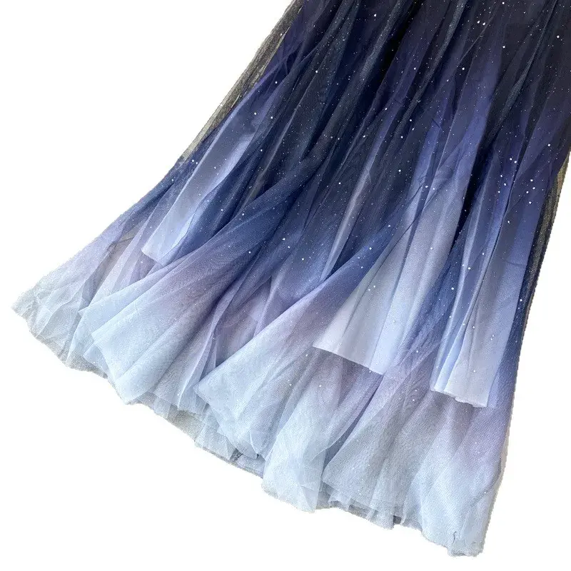 Starry Sky Gradient Color Mesh Half Skirt Women's High Waist A- Line Pleated Bright Sequin Skirt Spring Summer New Korean Style