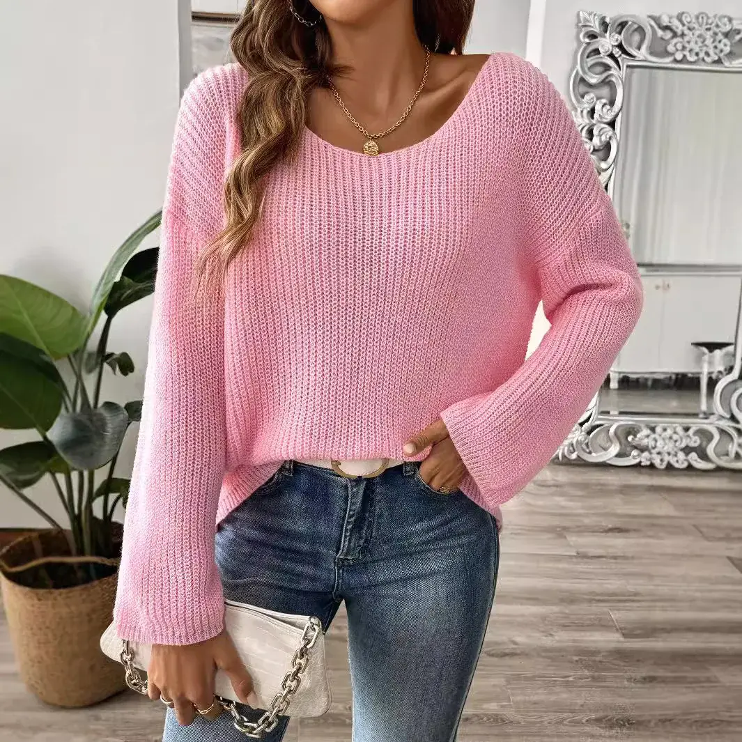 Off-The-Shoulder Flare Sleeve Sweater Women's Loose-Fit Pullover Top European And American Simple Style Clothing M688