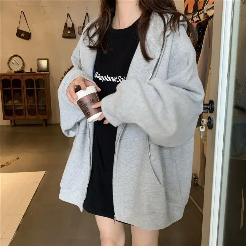Gray Oversized Zipper Long Sleeve Women's Jacket Trendy Autumn Winter Korean Style Casual Hoodie Versatile Top New 2022