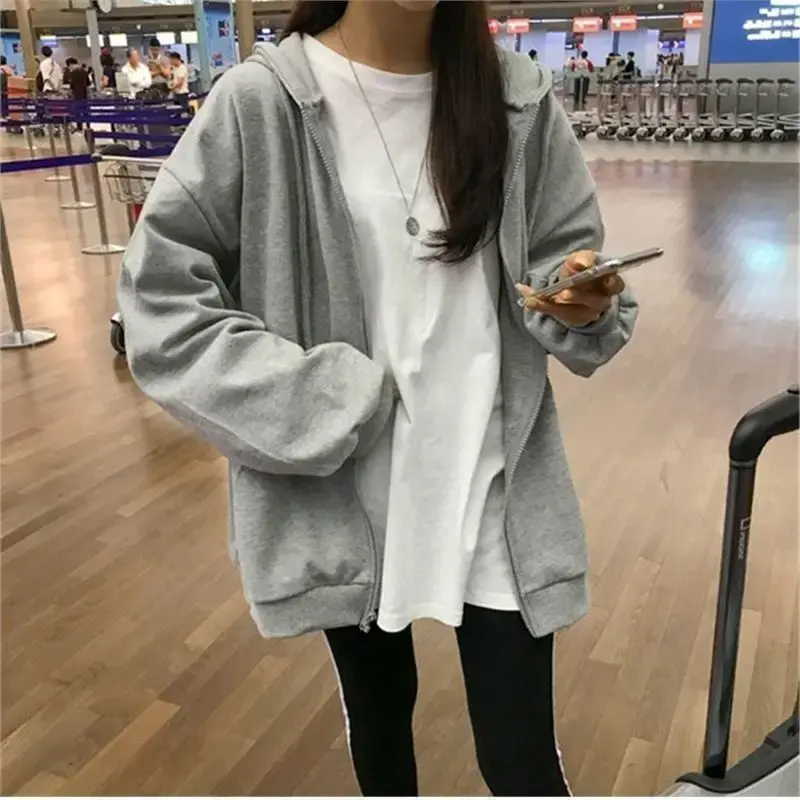 Gray Oversized Zipper Long Sleeve Women's Jacket Trendy Autumn Winter Korean Style Casual Hoodie Versatile Top New 2022