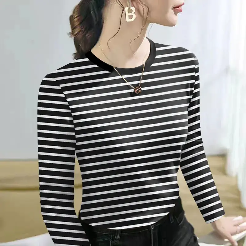 Spring Autumn Hot Sale Of The Season Women's Loose Long Sleeve T-shirt plus Size Base Layer Shirt Stylish Striped Top Quality Po