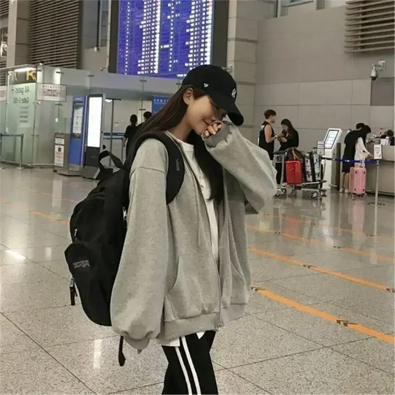 Gray Oversized Zipper Long Sleeve Women's Jacket Trendy Autumn Winter Korean Style Casual Hoodie Versatile Top New 2022