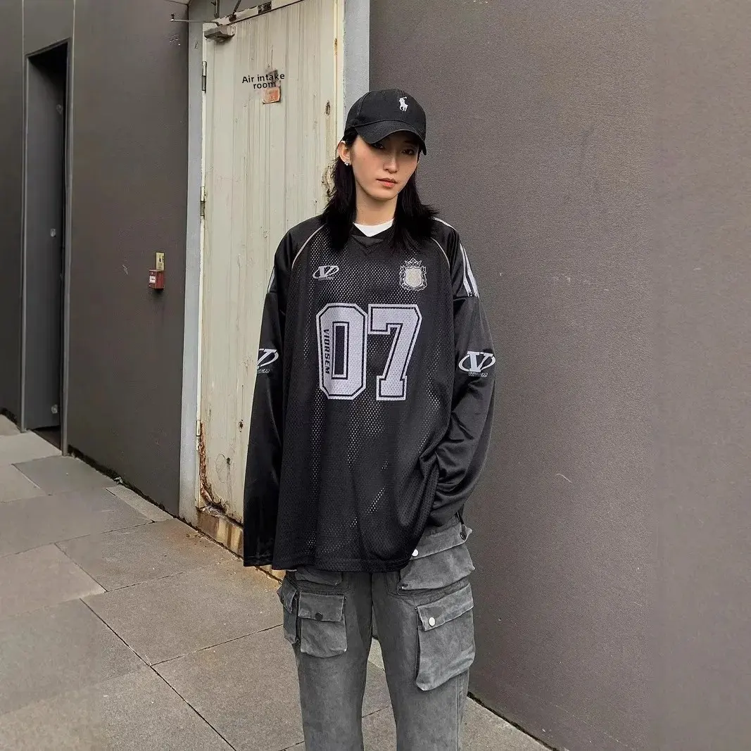 Retro American Letter Print Mesh Eye Long Sleeve Women's T-shirt Loose Trendy Spring Autumn Versatile round Neck Sweatshirt