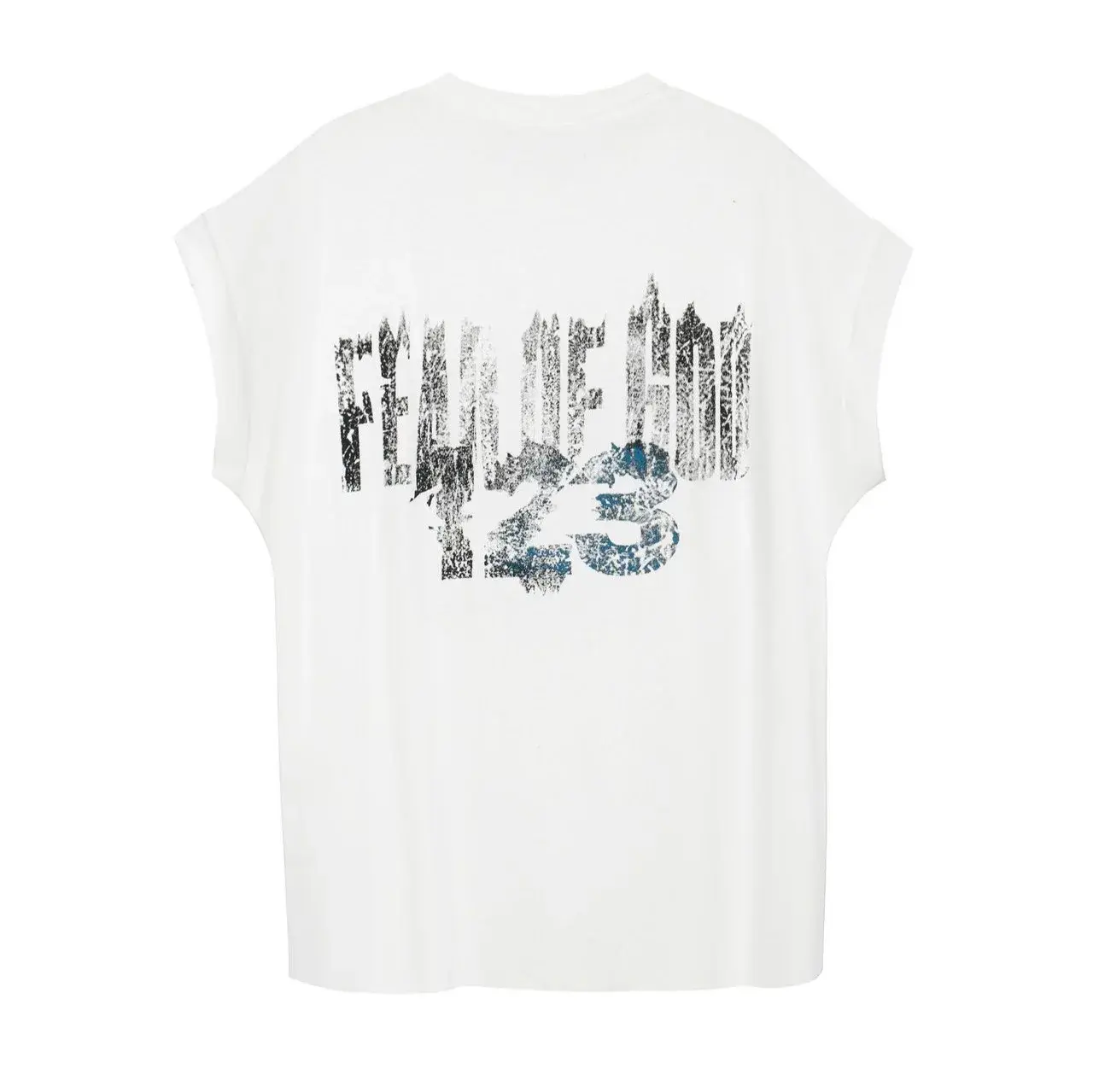 Fear God Xrrr123 Inri Cut Off Teeshoulder Vest Fashionable Men's Sleeveless T-shirt Crew Neck Design Streetwear