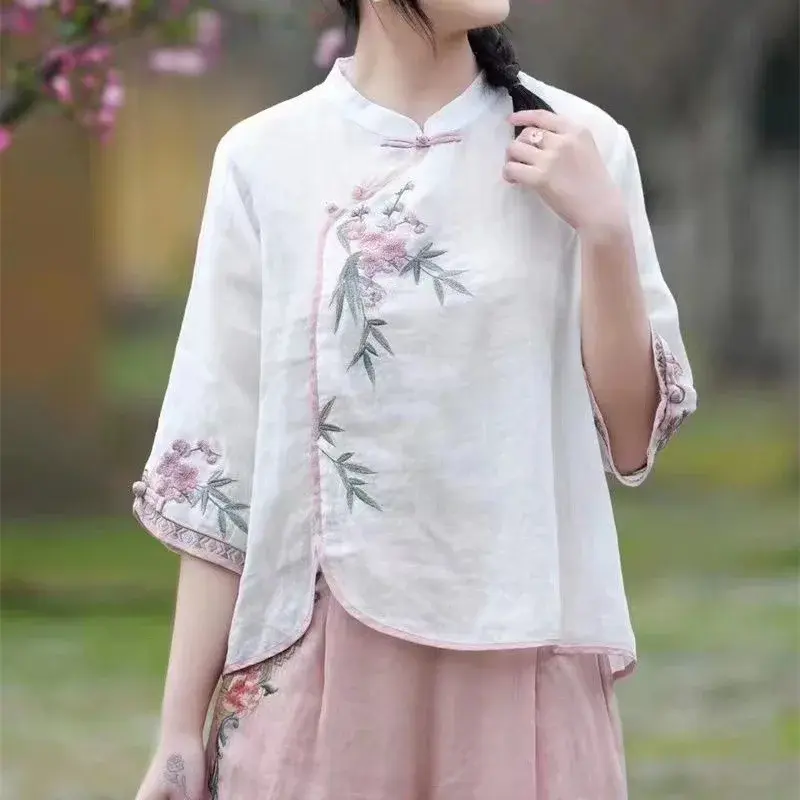 Ethnic Style Cotton Linen Seven Sleeve Shirt Women's Spring Autumn Stand Collar Buttoned Sash Empanelled Versatile Tea Dress