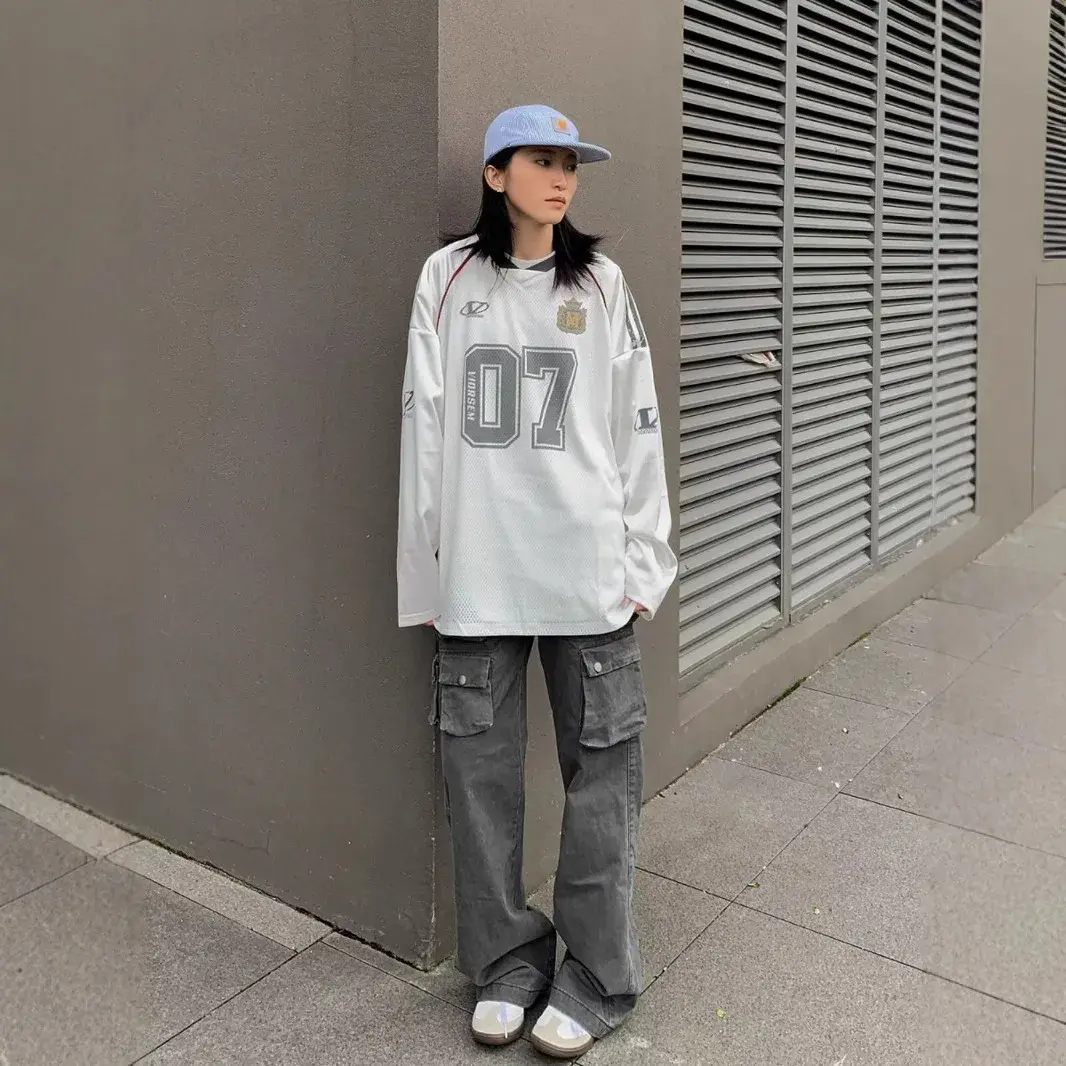 Retro American Letter Print Mesh Eye Long Sleeve Women's T-shirt Loose Trendy Spring Autumn Versatile round Neck Sweatshirt