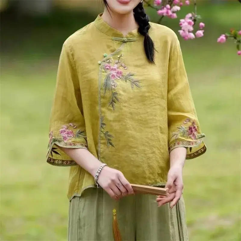 Ethnic Style Cotton Linen Seven Sleeve Shirt Women's Spring Autumn Stand Collar Buttoned Sash Empanelled Versatile Tea Dress