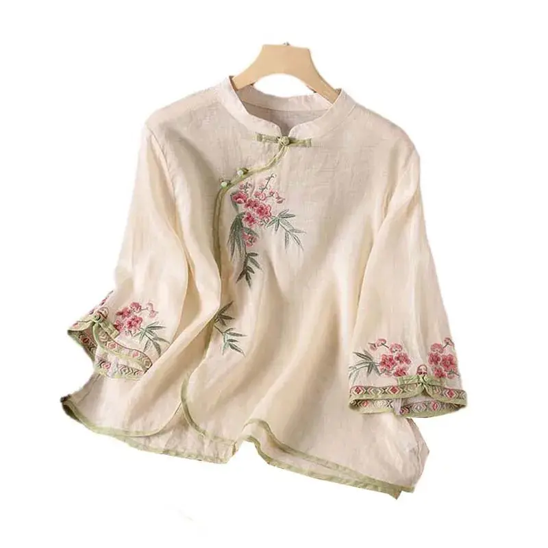 Ethnic Style Cotton Linen Seven Sleeve Shirt Women's Spring Autumn Stand Collar Buttoned Sash Empanelled Versatile Tea Dress