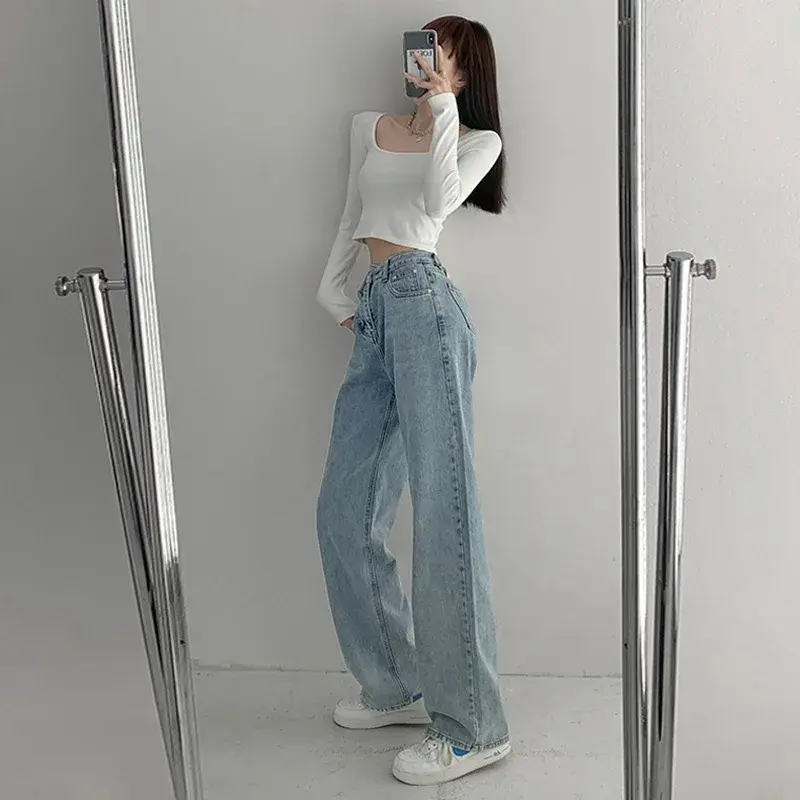 Design Sensibility High-Waisted Slimming Jeans Loose-Fit Straight-Leg Women's Korean Style Tie-Detail Wide-Leg Casual Trousers