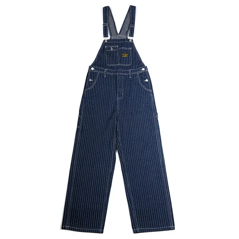 New OKONKWO Authentic Daning Workwear Bib Pants Men's Vintage Striped Denim Overalls Casual Style Cotton Pants