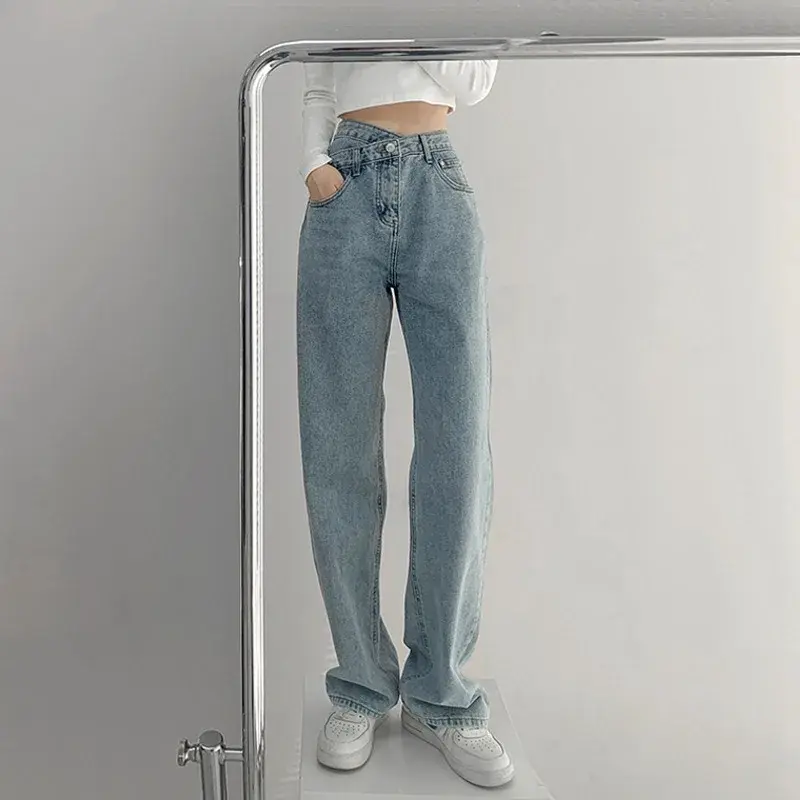 Design Sensibility High-Waisted Slimming Jeans Loose-Fit Straight-Leg Women's Korean Style Tie-Detail Wide-Leg Casual Trousers