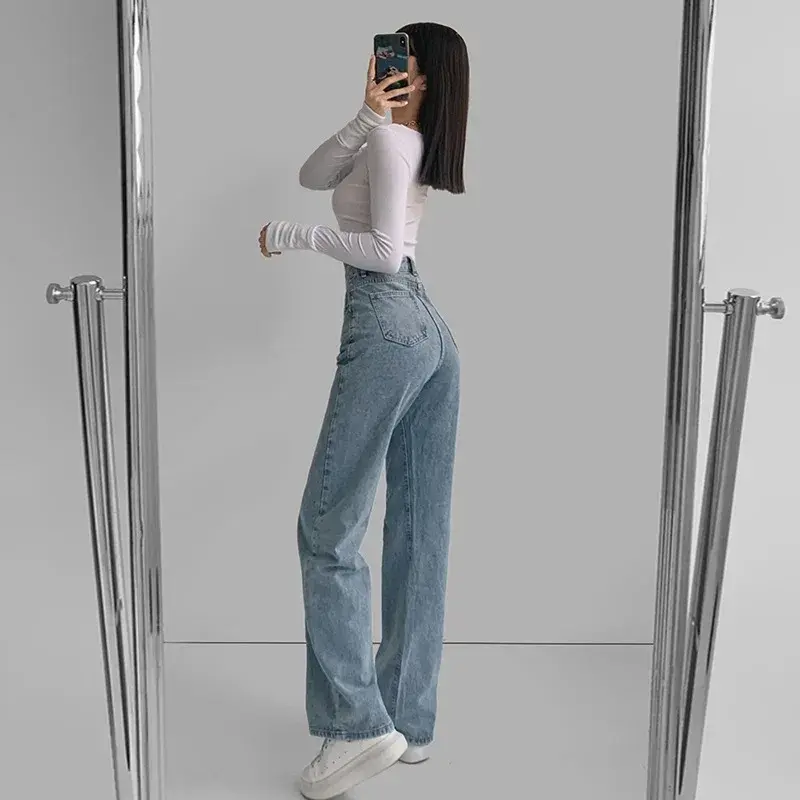Design Sensibility High-Waisted Slimming Jeans Loose-Fit Straight-Leg Women's Korean Style Tie-Detail Wide-Leg Casual Trousers