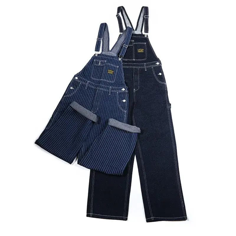 New OKONKWO Authentic Daning Workwear Bib Pants Men's Vintage Striped Denim Overalls Casual Style Cotton Pants