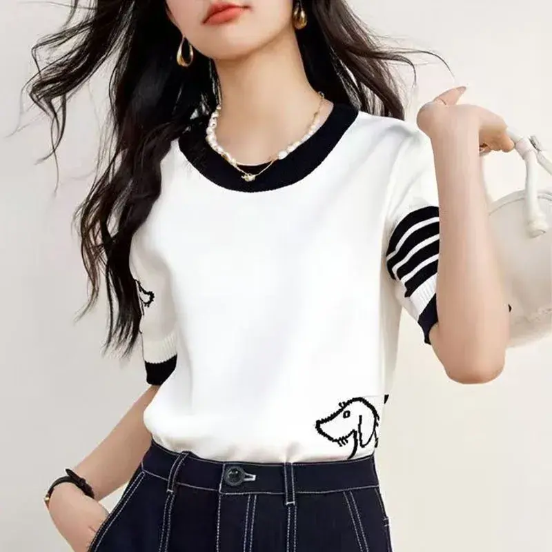 Summer New Ice Silk Short Sleeve Crew Neck Knitted Base Shirt Thin Versatile Dog Embroidery Color Block T-Shirt Women's Fashion