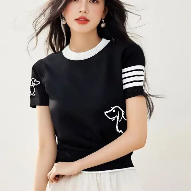Summer New Ice Silk Short Sleeve Crew Neck Knitted Base Shirt Thin Versatile Dog Embroidery Color Block T-Shirt Women's Fashion