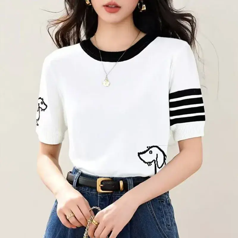 Summer New Ice Silk Short Sleeve Crew Neck Knitted Base Shirt Thin Versatile Dog Embroidery Color Block T-Shirt Women's Fashion