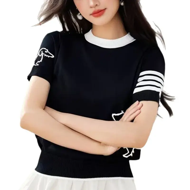 Summer New Ice Silk Short Sleeve Crew Neck Knitted Base Shirt Thin Versatile Dog Embroidery Color Block T-Shirt Women's Fashion