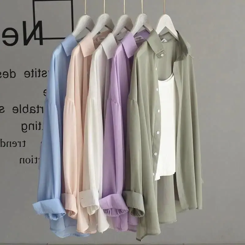 Smooth Chiffon Long Sleeve Blouse For Women 2022 Summer Sun Protection Breathable Thin Style Outer Wear Anti-Wrinkle