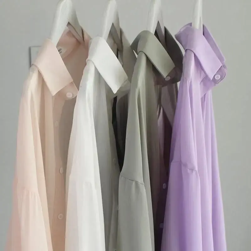 Smooth Chiffon Long Sleeve Blouse For Women 2022 Summer Sun Protection Breathable Thin Style Outer Wear Anti-Wrinkle