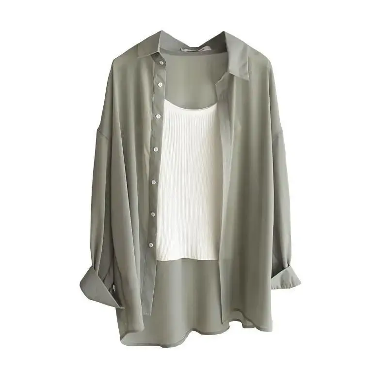 Smooth Chiffon Long Sleeve Blouse For Women 2022 Summer Sun Protection Breathable Thin Style Outer Wear Anti-Wrinkle