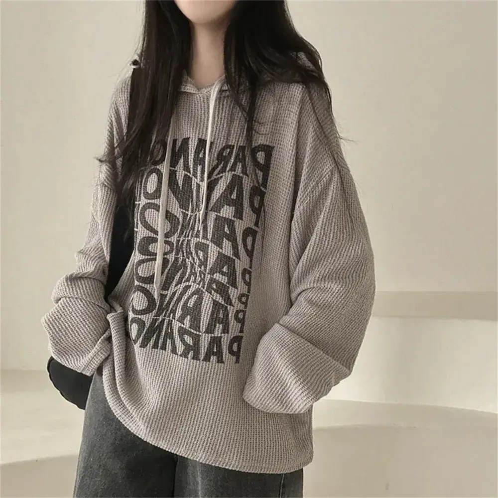 Women's Hooded Sweatshirt Thin Outerwear Casual Loose Style Fleece Lined Autumn Winter Korean Version Japanese Lazy Style