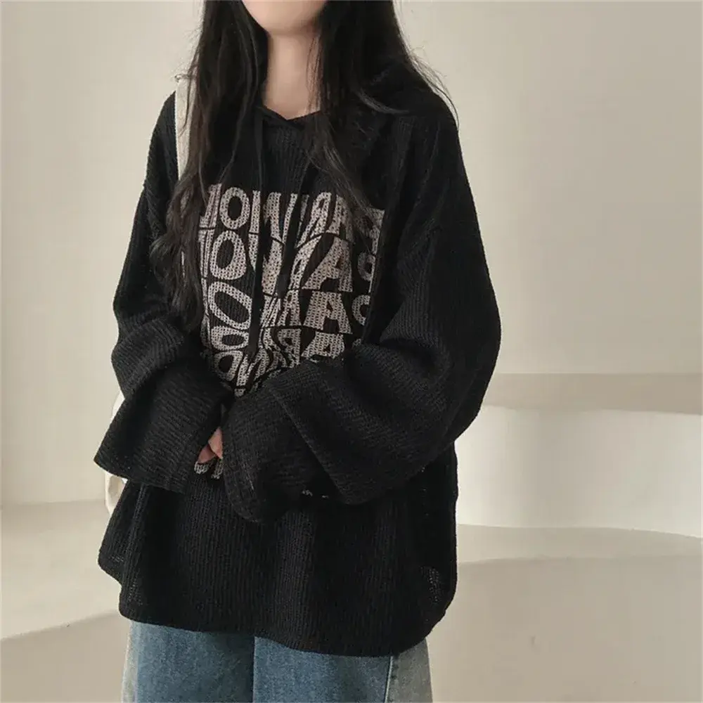 Women's Hooded Sweatshirt Thin Outerwear Casual Loose Style Fleece Lined Autumn Winter Korean Version Japanese Lazy Style
