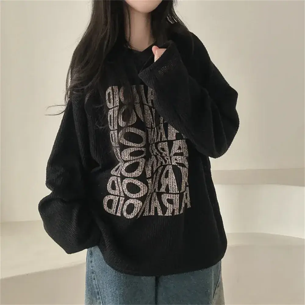 Women's Hooded Sweatshirt Thin Outerwear Casual Loose Style Fleece Lined Autumn Winter Korean Version Japanese Lazy Style