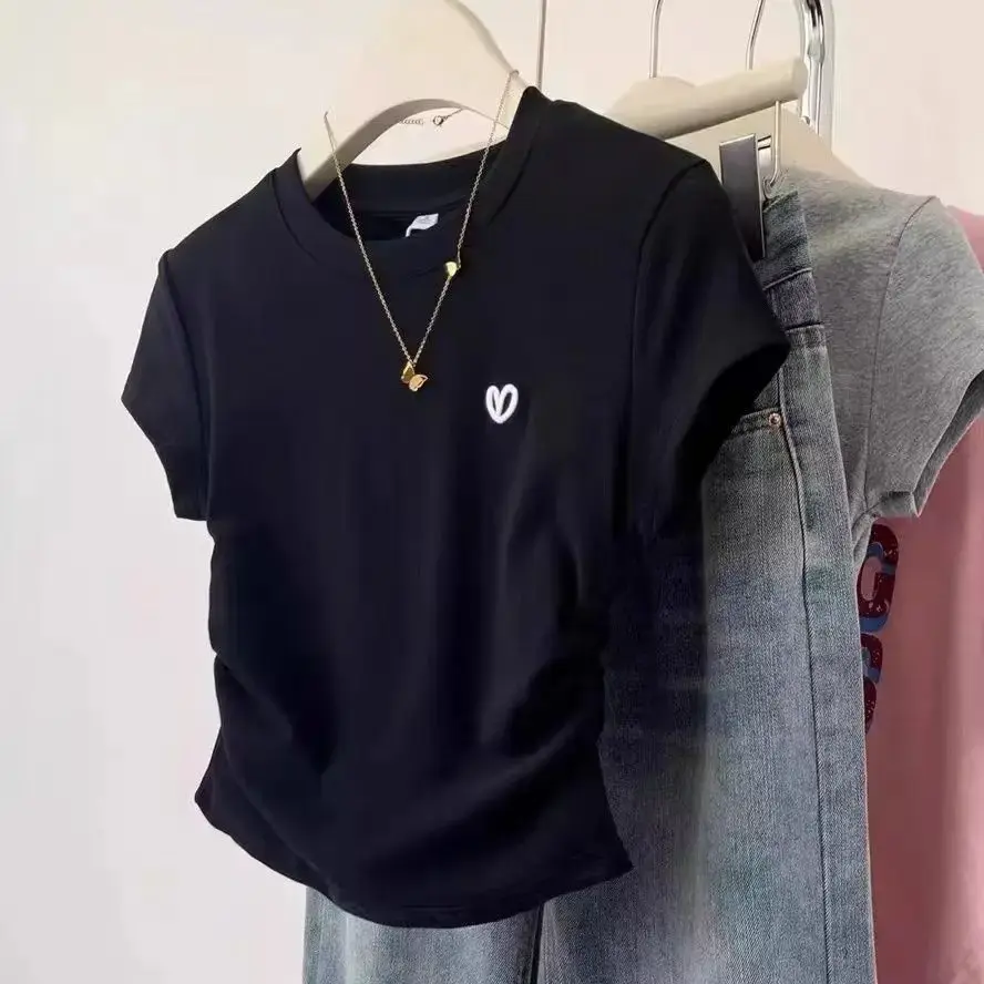Grey Heart Embroidery Cropped Short Sleeve T-shirt Women's Summer 2024 New Design Sensibility Slims You Smooths Your Silhouette