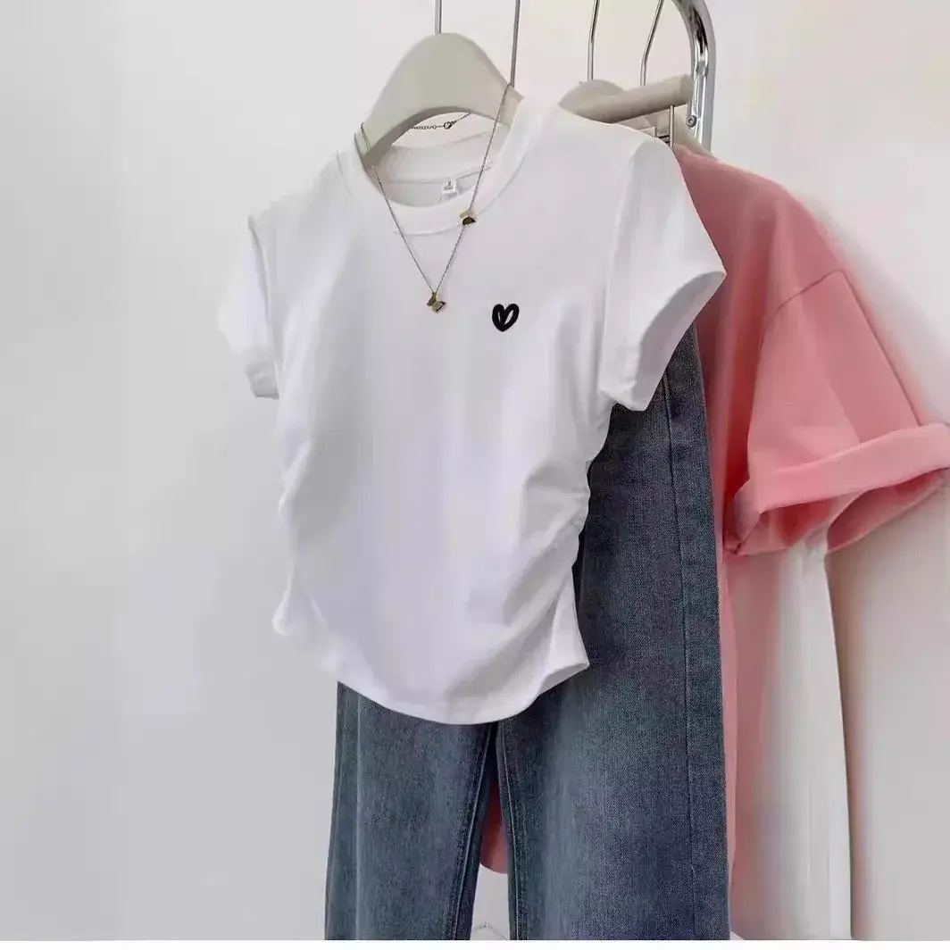 Grey Heart Embroidery Cropped Short Sleeve T-shirt Women's Summer 2024 New Design Sensibility Slims You Smooths Your Silhouette