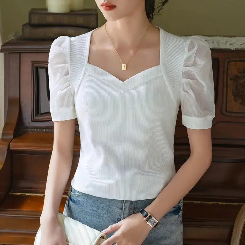 Ice Silk Women's T-Shirt Short Sleeve Bubble Sleeve Fashionable Summer Top French Court Style Square Collar Polyester Fiber