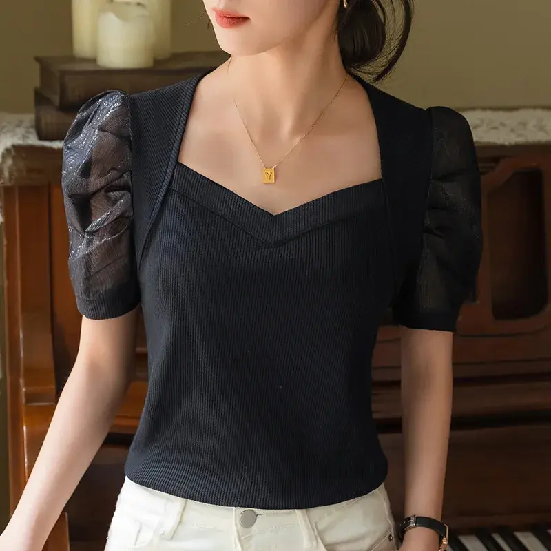 Ice Silk Women's T-Shirt Short Sleeve Bubble Sleeve Fashionable Summer Top French Court Style Square Collar Polyester Fiber