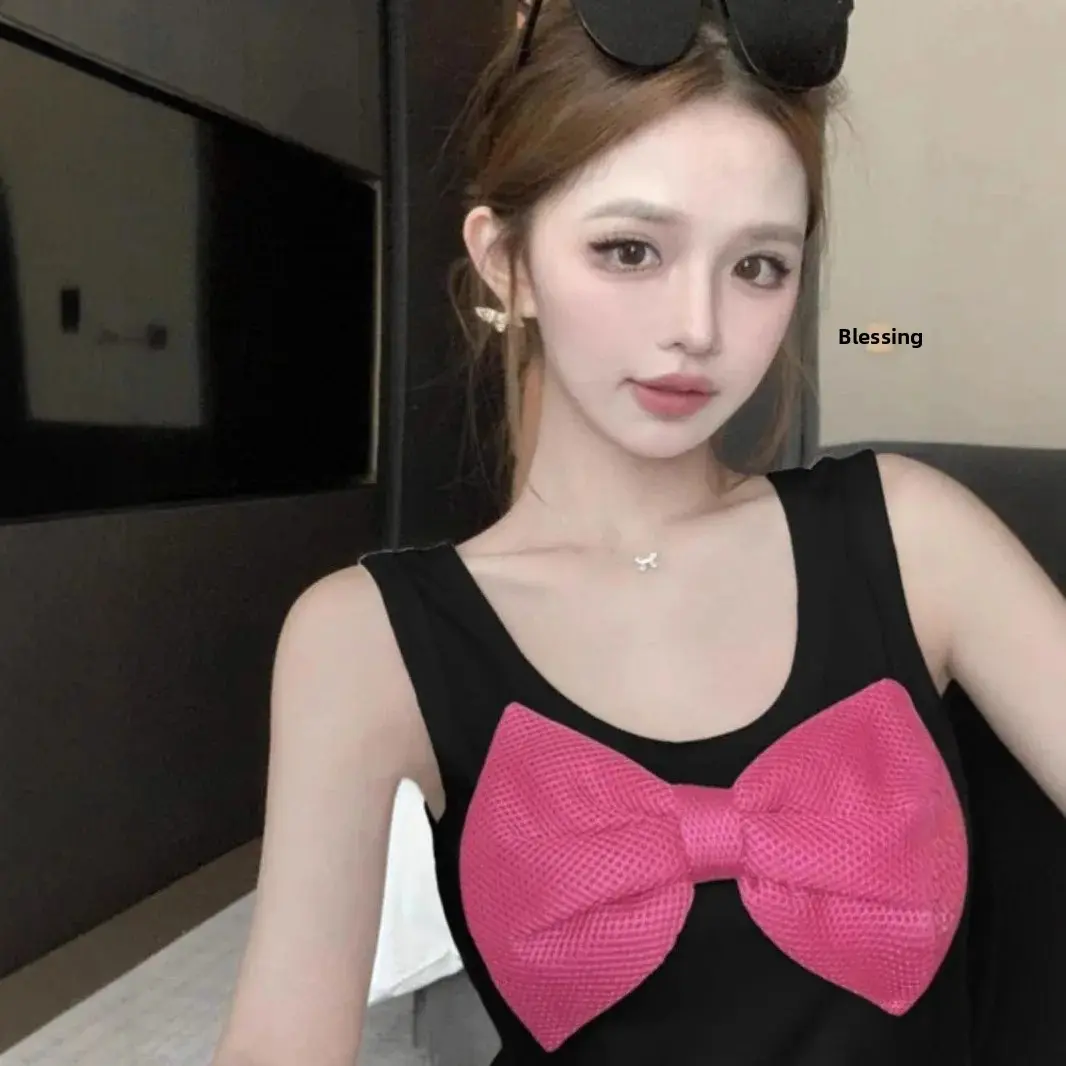 Summer Fresh Sweet Bowknot Sleeveless Short Casual Base Tank Top Women's Strap Vest Polyester Fiber Basic Color Solid Pattern