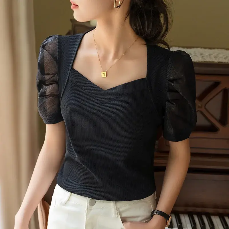 Ice Silk Women's T-Shirt Short Sleeve Bubble Sleeve Fashionable Summer Top French Court Style Square Collar Polyester Fiber