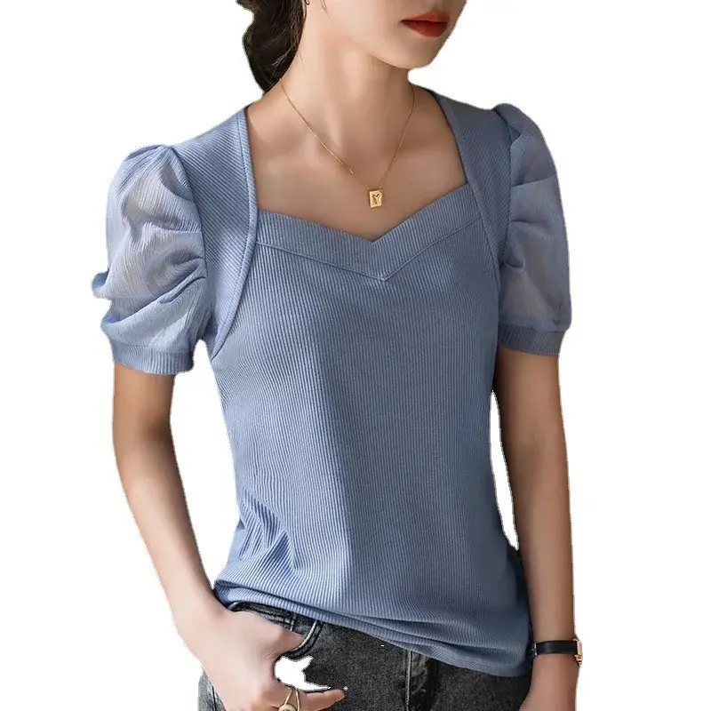 Ice Silk Women's T-Shirt Short Sleeve Bubble Sleeve Fashionable Summer Top French Court Style Square Collar Polyester Fiber