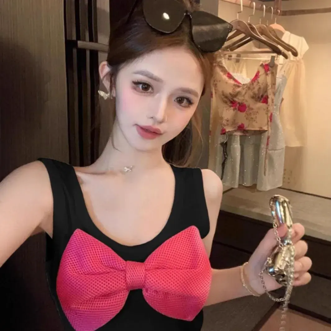 Summer Fresh Sweet Bowknot Sleeveless Short Casual Base Tank Top Women's Strap Vest Polyester Fiber Basic Color Solid Pattern