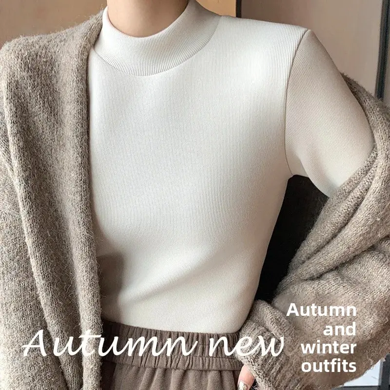 Women's Fleece Lined Slim Fit Knitted Base Shirt Long Sleeve Half High Collar Anti-pilling Autumn Winter Warm Top T-shirt